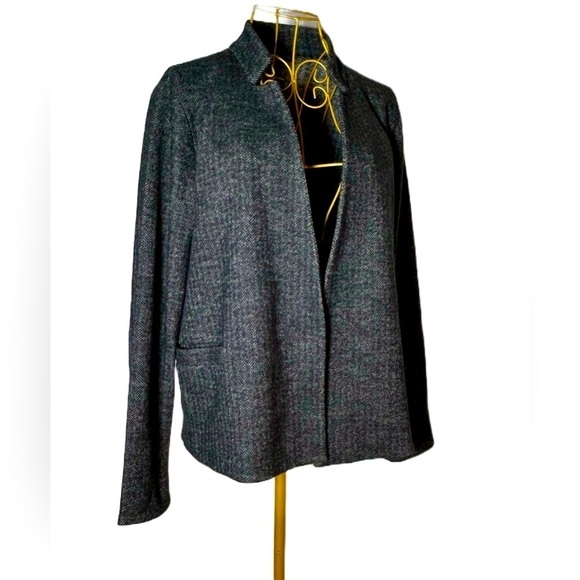 Eileen Fisher Wool Blend Gray & Black Open Tweed Blazer Stand Collar, Pockets SP - Picture 2 of 14